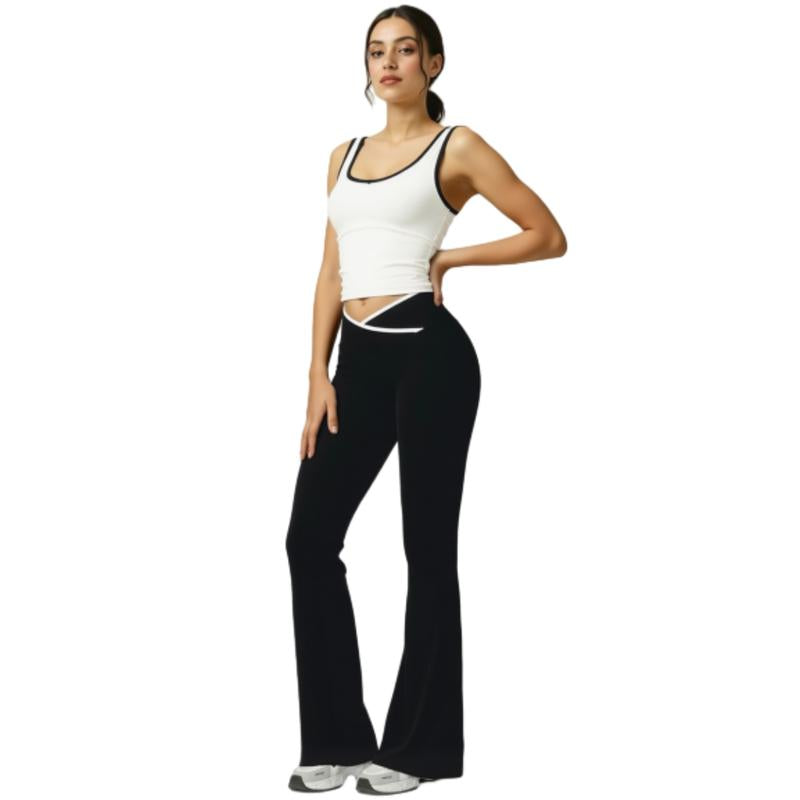 Women'S Black Crop Tank Top & Flare Leg Pants Tracksuit Set - Wide Strap Sleeveless Top & Fold-Over Yoga Trousers for Indoor Outdoor Wear Lightweight Compression Activewear Athleisure Summer Clothes