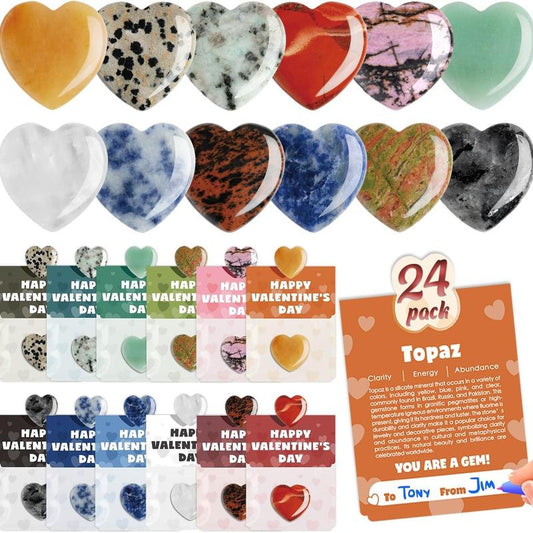 Valentines Day Gem Gifts for Kids - 24 Pack Prefilled Valentine'S Day Cards with Heart-Shaped Gemstone for School Classroom Class Party Favor, Valentine Rock Crystal Gift Exchange for Boys Girls