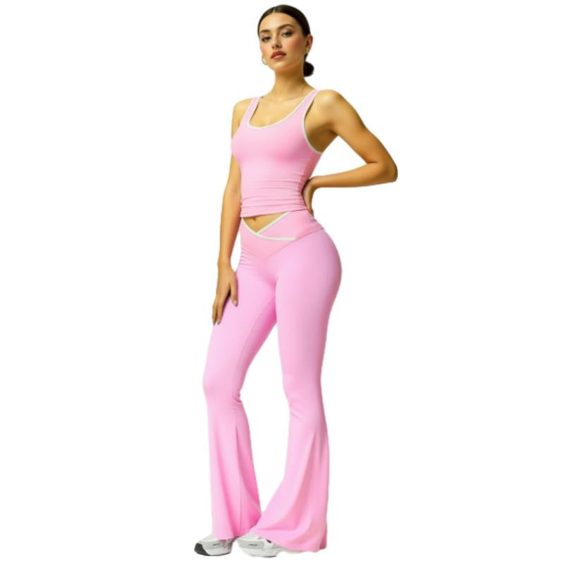 Women'S Black Crop Tank Top & Flare Leg Pants Tracksuit Set - Wide Strap Sleeveless Top & Fold-Over Yoga Trousers for Indoor Outdoor Wear Lightweight Compression Activewear Athleisure Summer Clothes