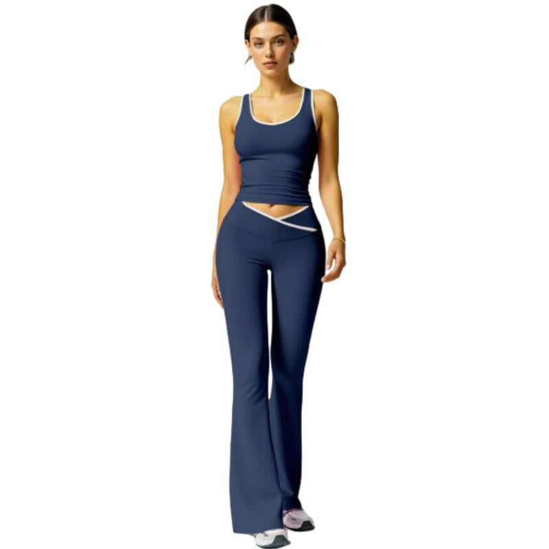 Women'S Black Crop Tank Top & Flare Leg Pants Tracksuit Set - Wide Strap Sleeveless Top & Fold-Over Yoga Trousers for Indoor Outdoor Wear Lightweight Compression Activewear Athleisure Summer Clothes