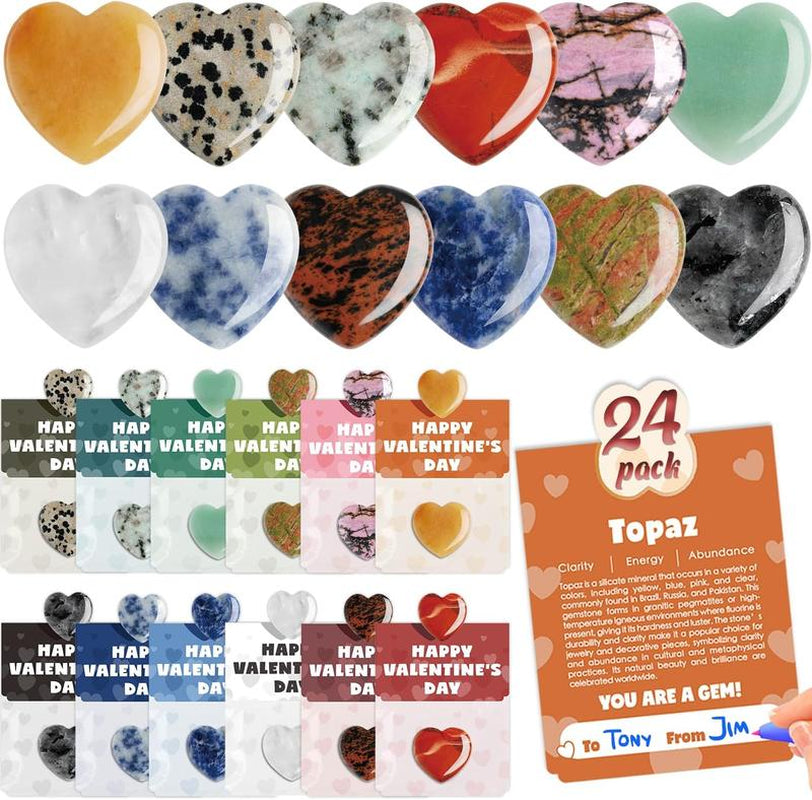 Valentines Day Gem Gifts for Kids - 24 Pack Prefilled Valentine'S Day Cards with Heart-Shaped Gemstone for School Classroom Class Party Favor, Valentine Rock Crystal Gift Exchange for Boys Girls