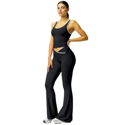 Women'S Black Crop Tank Top & Flare Leg Pants Tracksuit Set - Wide Strap Sleeveless Top & Fold-Over Yoga Trousers for Indoor Outdoor Wear Lightweight Compression Activewear Athleisure Summer Clothes