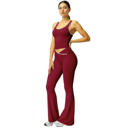 Women'S Black Crop Tank Top & Flare Leg Pants Tracksuit Set - Wide Strap Sleeveless Top & Fold-Over Yoga Trousers for Indoor Outdoor Wear Lightweight Compression Activewear Athleisure Summer Clothes