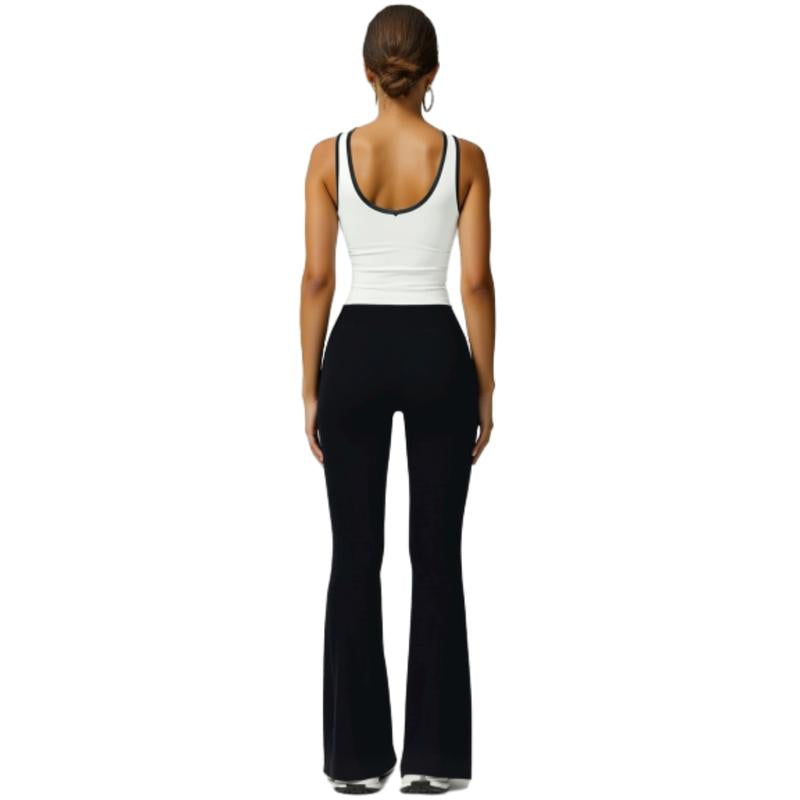 Women'S Black Crop Tank Top & Flare Leg Pants Tracksuit Set - Wide Strap Sleeveless Top & Fold-Over Yoga Trousers for Indoor Outdoor Wear Lightweight Compression Activewear Athleisure Summer Clothes