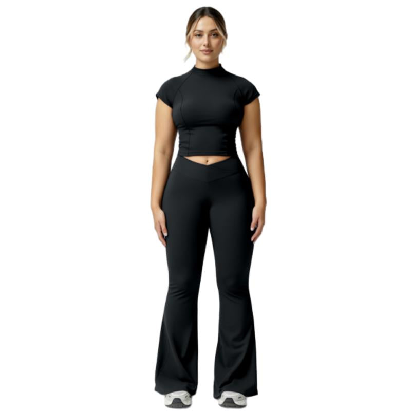 Women'S Black Crop Tank Top & Flare Leg Pants Tracksuit Set - Wide Strap Sleeveless Top & Fold-Over Yoga Trousers for Indoor Outdoor Wear Lightweight Compression Activewear Athleisure Summer Clothes
