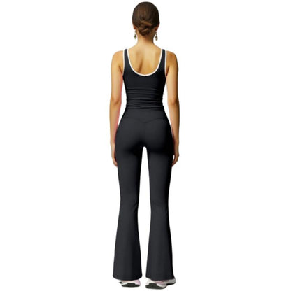 Women'S Black Crop Tank Top & Flare Leg Pants Tracksuit Set - Wide Strap Sleeveless Top & Fold-Over Yoga Trousers for Indoor Outdoor Wear Lightweight Compression Activewear Athleisure Summer Clothes