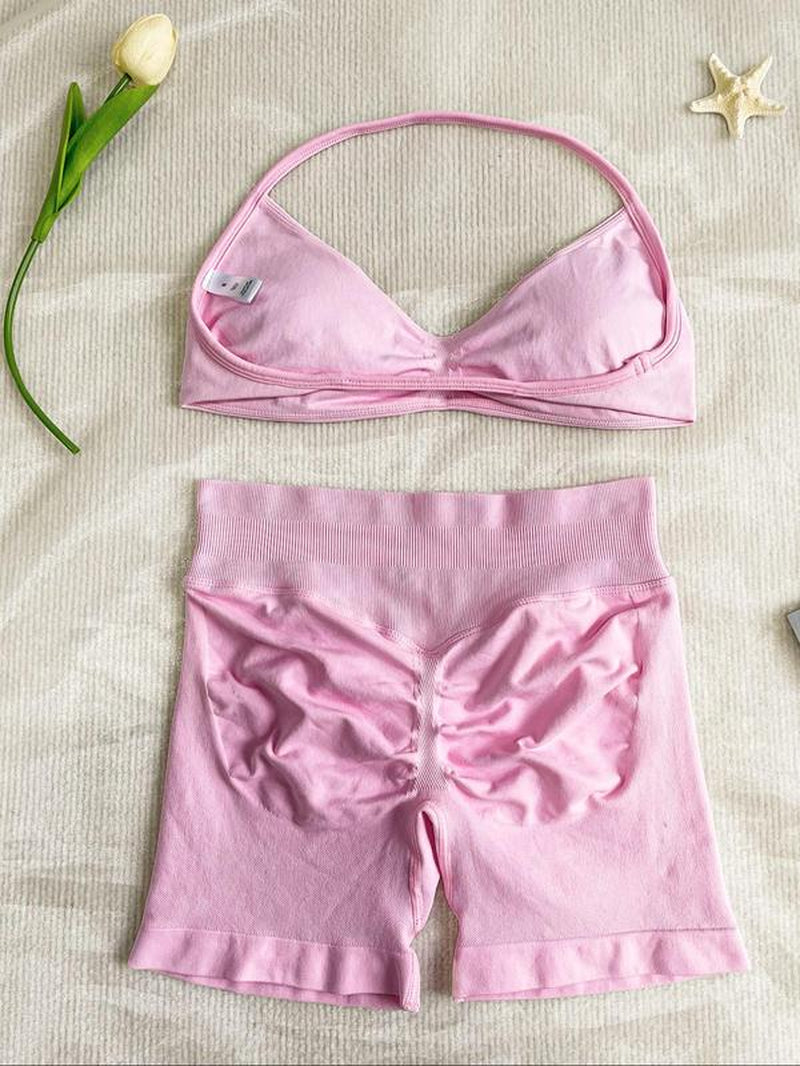 New Women'S Sporty Yoga Set, High-Waist Tight-Fitting Shorts and Halter Top, Summer Fitness for Running and Gym, Gym Tights Clothes