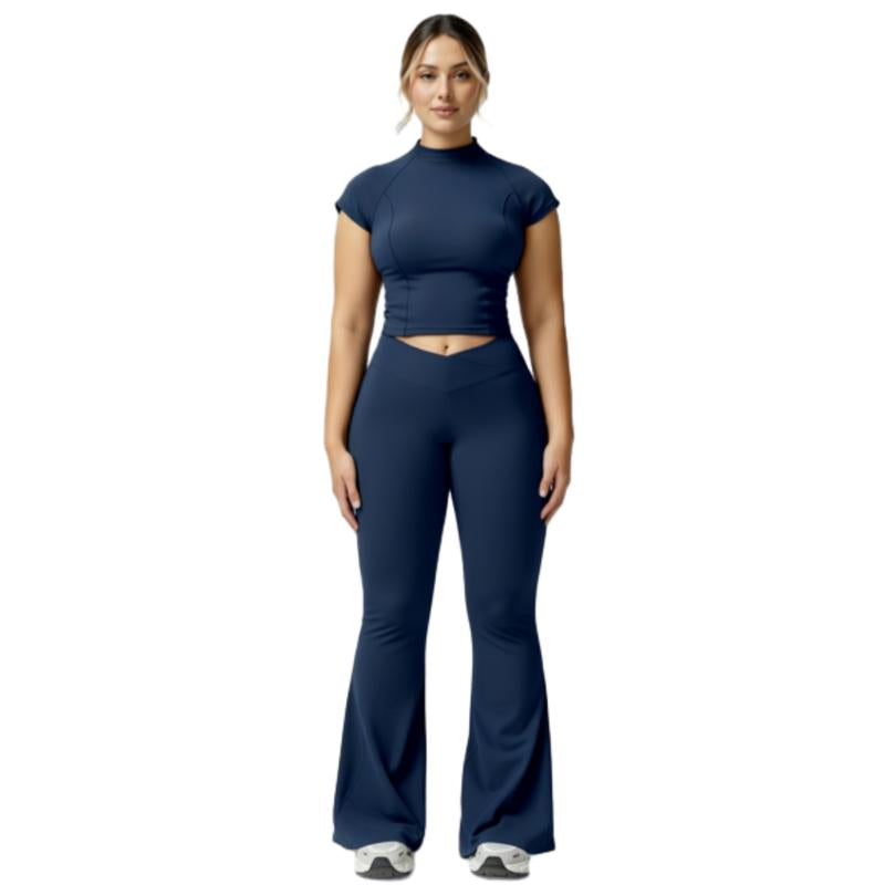 Women'S Black Crop Tank Top & Flare Leg Pants Tracksuit Set - Wide Strap Sleeveless Top & Fold-Over Yoga Trousers for Indoor Outdoor Wear Lightweight Compression Activewear Athleisure Summer Clothes