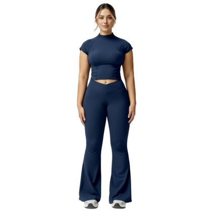 Women'S Black Crop Tank Top & Flare Leg Pants Tracksuit Set - Wide Strap Sleeveless Top & Fold-Over Yoga Trousers for Indoor Outdoor Wear Lightweight Compression Activewear Athleisure Summer Clothes