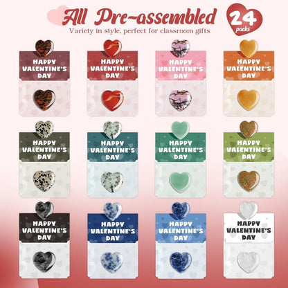 Valentines Day Gem Gifts for Kids - 24 Pack Prefilled Valentine'S Day Cards with Heart-Shaped Gemstone for School Classroom Class Party Favor, Valentine Rock Crystal Gift Exchange for Boys Girls