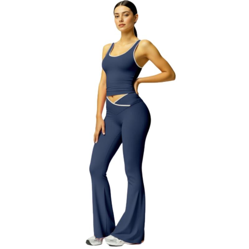 Women'S Black Crop Tank Top & Flare Leg Pants Tracksuit Set - Wide Strap Sleeveless Top & Fold-Over Yoga Trousers for Indoor Outdoor Wear Lightweight Compression Activewear Athleisure Summer Clothes