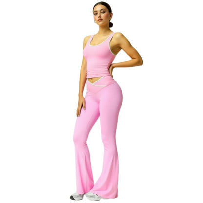Women'S Black Crop Tank Top & Flare Leg Pants Tracksuit Set - Wide Strap Sleeveless Top & Fold-Over Yoga Trousers for Indoor Outdoor Wear Lightweight Compression Activewear Athleisure Summer Clothes
